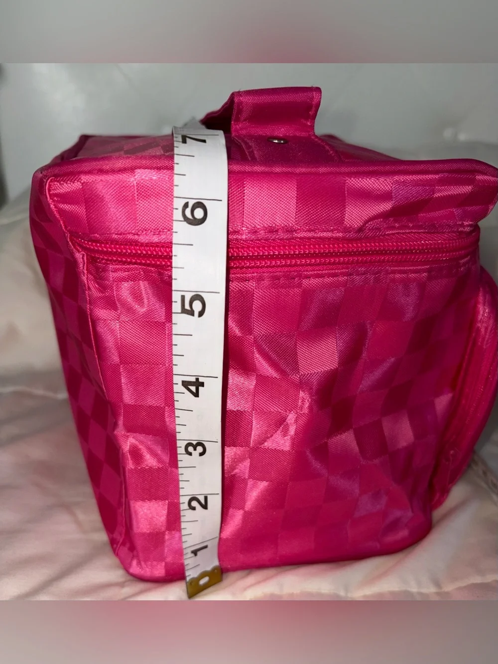 Bright Pink Checker Satin Cosmetic Travel Bag